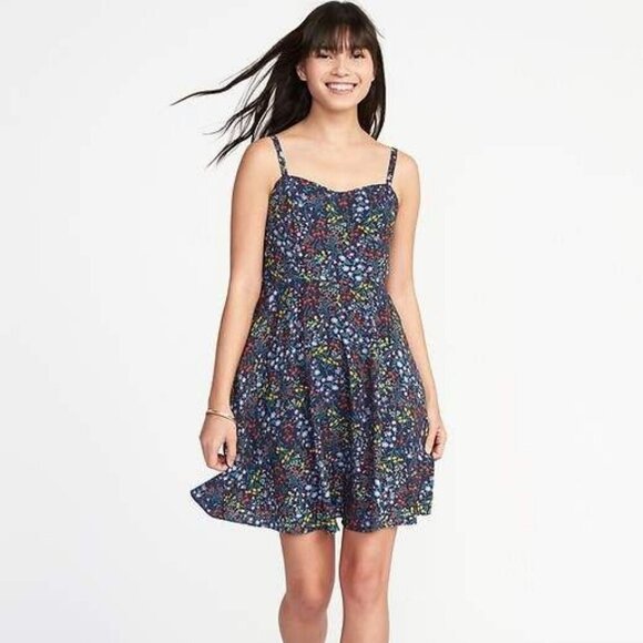 Old Navy Blue Cami Fit and Flare Embroidered Print Floral Sun Dress Smocked - Picture 1 of 9